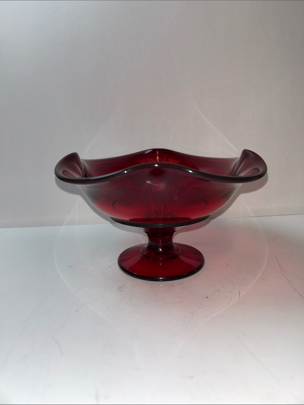 Viking Glass Ruby Red Ambrina Shine 4 Point Pedestal Ruffle Dish - Picture 8 of 15